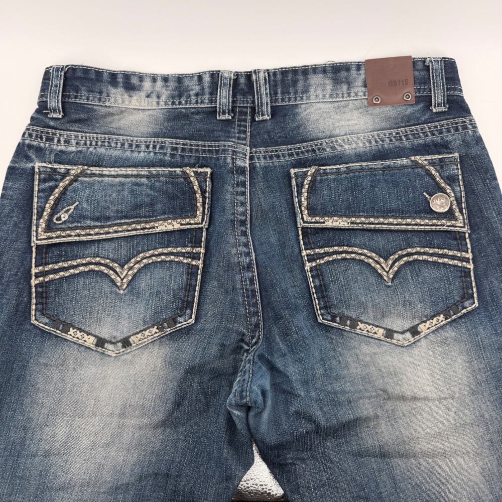 GS115 Mens Distressed Straight Leg Denim Jeans Blue Thick Stitch Pockets 36x32